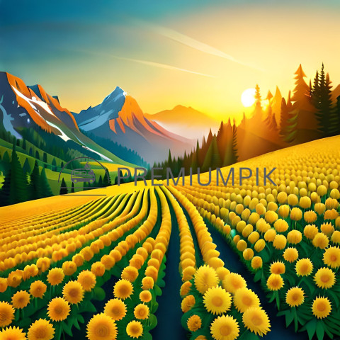 Sunflower Field at Sunrise, Mountain Landscape