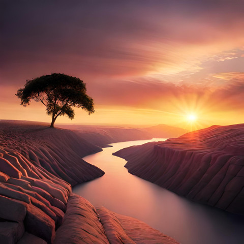 A tree,lake mountain, ,sun, sky