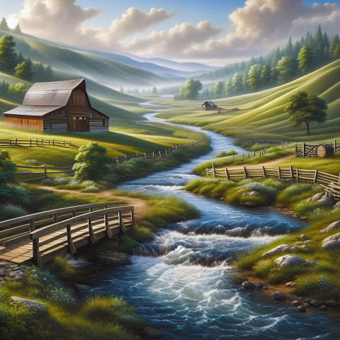 Sky ,mountain, tree , water, house