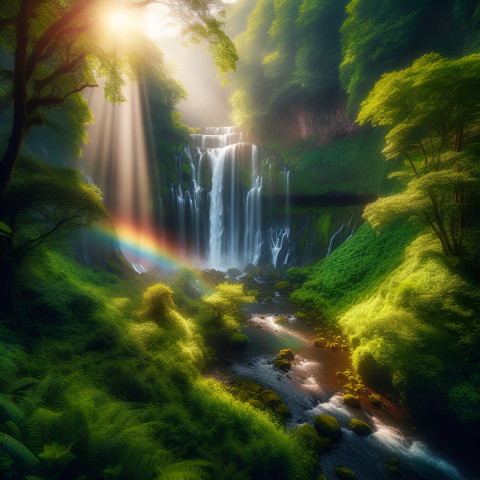 waterfall, tree, rainbow , sun