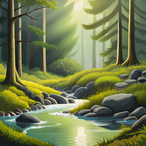 Forest tree, water, stone
