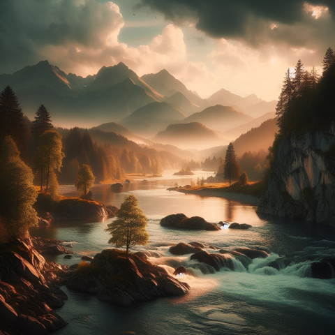 Sky, mountain, water, tree