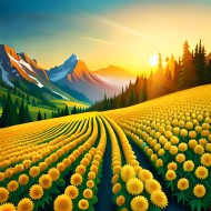 Sunflower Field at Sunrise, Mountain Landscape